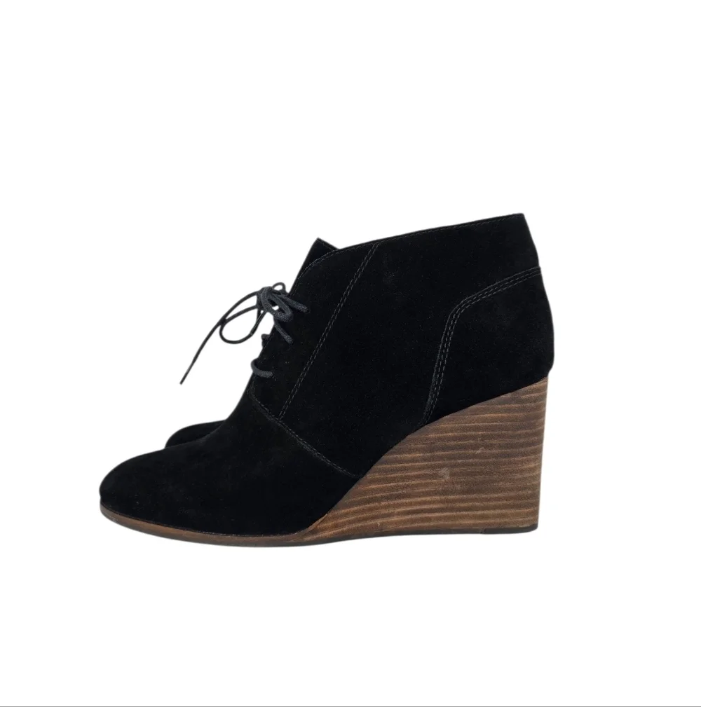 Lucky Brand Ankle Booties Shylow Women’s Black Wedge Suede Lace Up Zip Size 10M‎